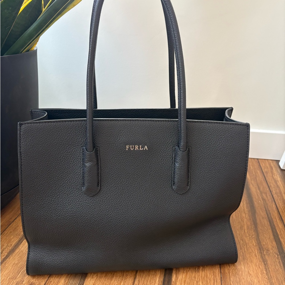 Furla Black Pebbled Leather Tote with Gold Logo